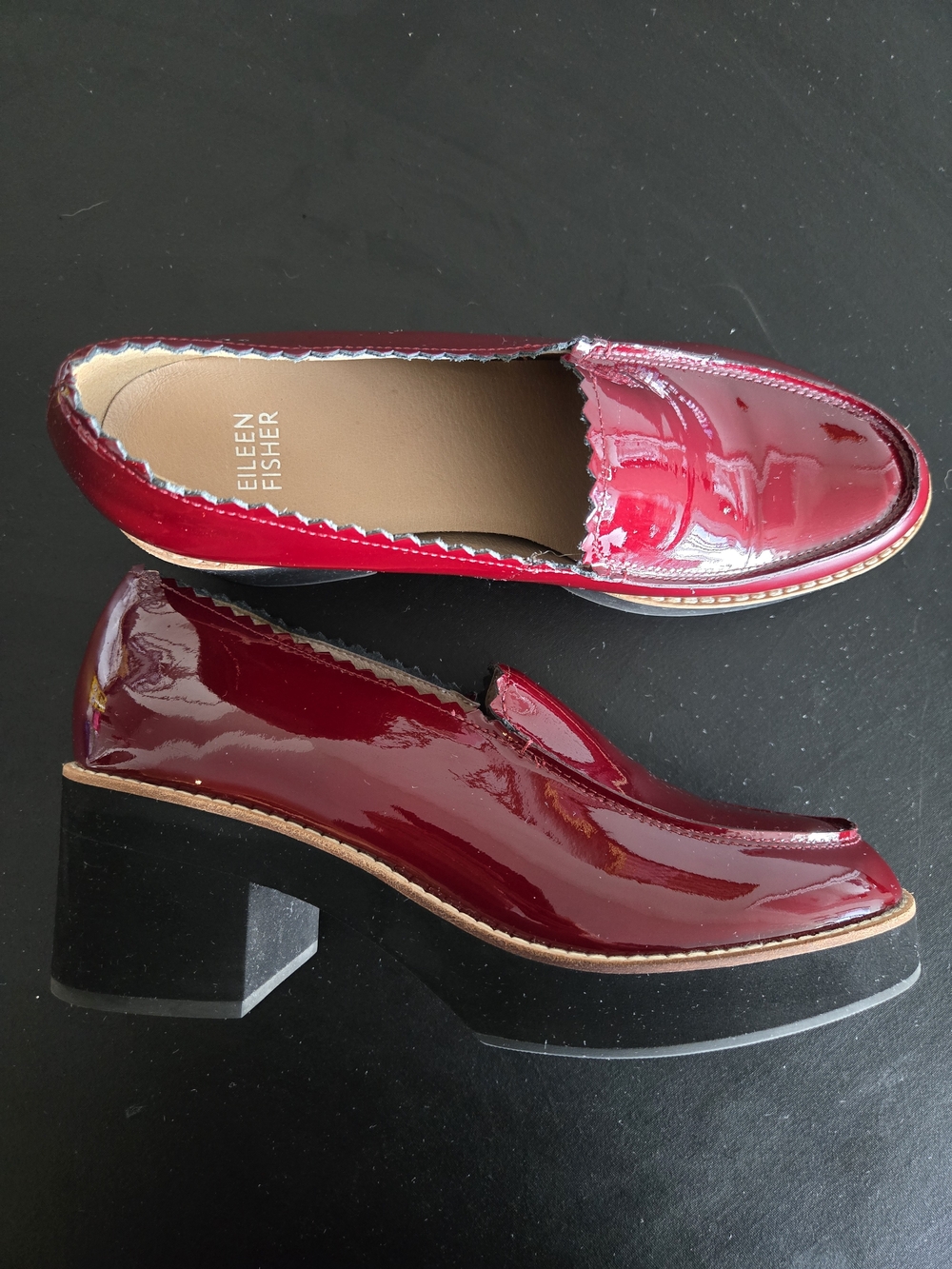 Eileen Fisher Burgundy Scalloped Patent Leather Platform Loafers Heel 9